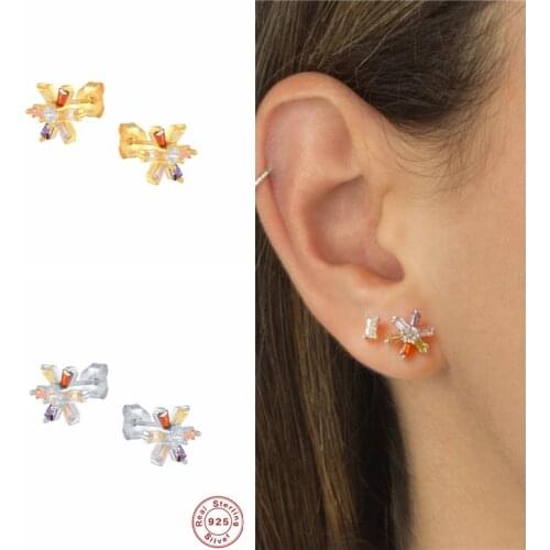 GS 925 Sterling Silver Colorful Crystal Sunflower Stud Earrings For Women Tiny Rainbow Zircon Snowflake Ear Studs Jewelry Gift