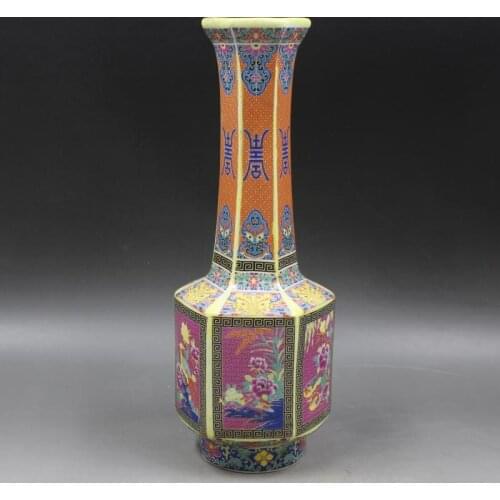 Antique QingDynasty porcelain vase,Enamel color hexagonal Long neck bottle,Hand-painted crafts,Collection&Adornment