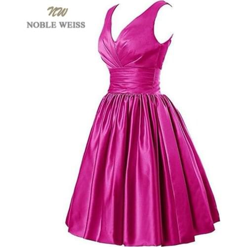 NOBLE WEISS Satin Bridesmaid Dresses V-neck Pleat Wedding Party Dress Simple Cheap A-Line Bridesmaid Gown