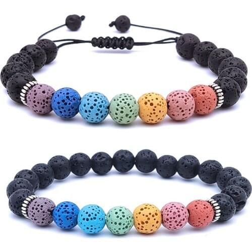 8mm Seven Chakra Bracelet Colorful Lava Stone Black Beads Women Men Bracelet Buddha Yoga Strand Briaded Bracelet Jewelry set