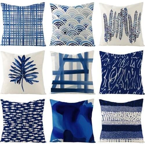New Blue Geometry Cushion Cover Ink Painting Leaf Abstract Throw Pillows Cover Sofa Home Decorative Linen Pillow Case 45*45CM