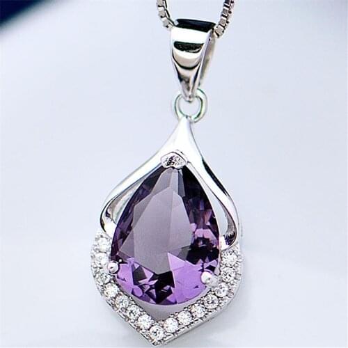 Elegant Women Water Drop Shaped CZ Purple Crystal Wedding Jewelry Fashion Women Silver Plated Rhinestone Party Accessories