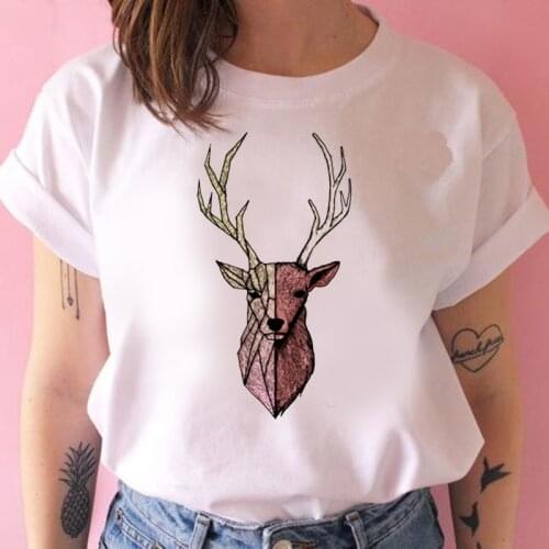 Graphic tees tops Cartoon Sika deer head print tshirts women funny t shirt white Tops casual short Camisetas Mujer_T-Shirt