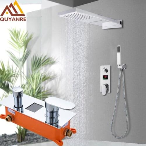 Chrome LCD Digital Shower Faucet Set Waterfall Rain Shower Head With Handheld Shower 3-Way Digital Display Mixer Tap Bath Shower