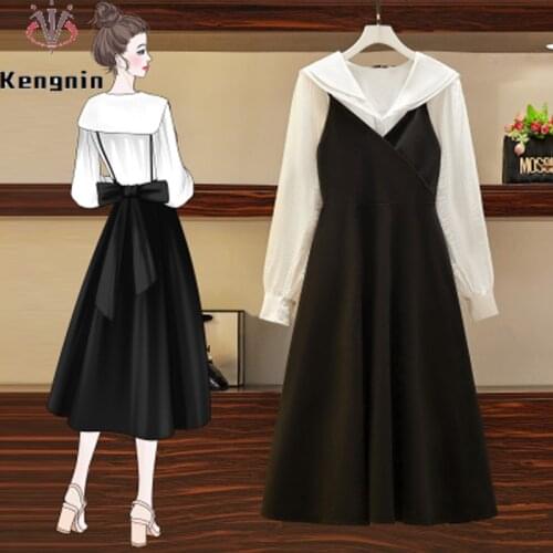 2021 Autumn Winter Oversized 4XL Women Two Piece Sets Cute White Color Shirt + Big Bow Black Straps Dress Female Clothes KE967