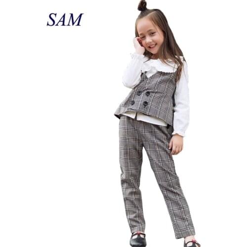 Childrens fashion clothing sets autumn sling plaid vest + pants 2 pcs suit for girls kids ins england style clothes