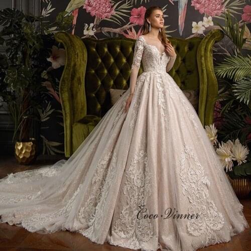 Pretty Embroidery Wedding Dress A line 2021 NEW V neck Quality Wedding Gown Long Sleeves Sheer neck Wedding Party Dresses W0898
