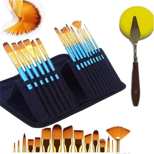 Artist Paint Brushes Set Painting Knife Sponge 15 Pc Painting Brush for Acrylic Watercolor Painting