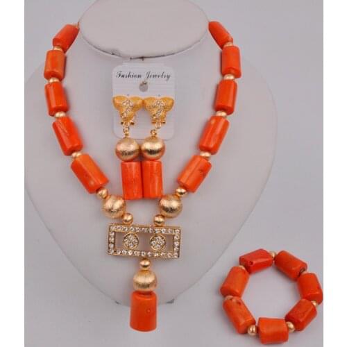 Newest Nigerian Orange Coral Necklace African Wedding Beads Jewelry Set 12-B-03