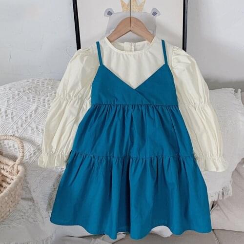 2021 New Spring Autumn Long Sleeve Sling Patchwork Bow Princess Party Dress Fashion Kids Clothes Girls Dress