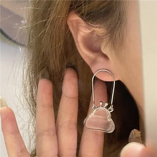 In 2021 New Korean Fashion Retro Geometric Metal Transparent Asymmetrical Bag Drop Earrings For Woman Girl Jewelry Gift