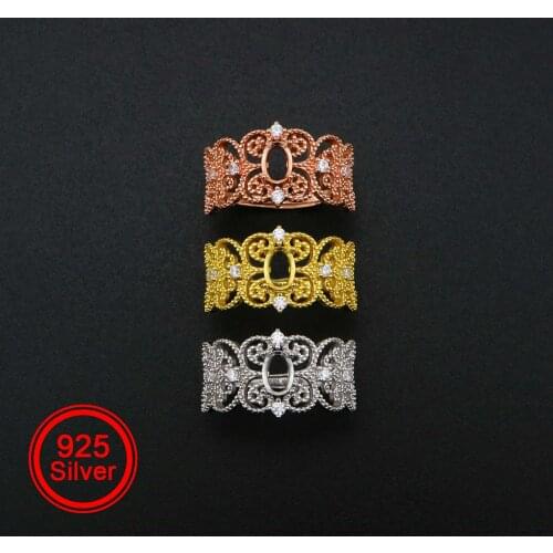 Oval Prong Ring Settings Blank Adjustable Lace Vintage Style Rose Gold Plated Solid 925 Sterling Silver DIY Bezel Tray 1224054