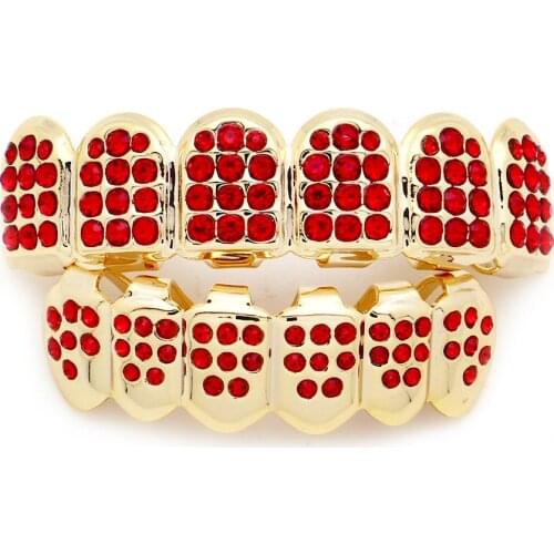 Hip Hop Iced Out Grillz Top & Bottom Teeth Grillz Colorful Punk Gold Tooth Caps Rapper Dental Grills