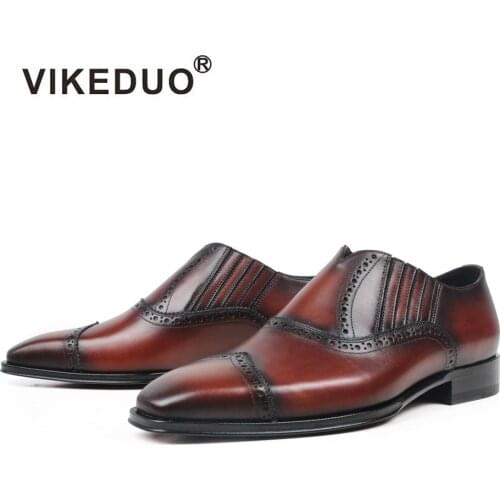 VIKEDUO Italy Loafers For Men Brown Patina Fashion Mens Shoes Casual Leather Shoes Male Brogue Wedding Office Slip-On Footwear