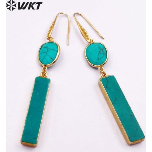 WT-E423 New!!! Green Natural Stone Strip Fashion Style Hook Earrings Rectangle Oval 24K Plated Earrings Faced Stone Earrings