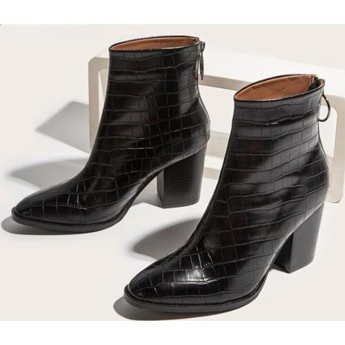 Spring Autumn New Lattice Women Ankle Boots Fashion Snake Print PU Leather Pointed Toe Zip Thick High Heels Ladies Shoes