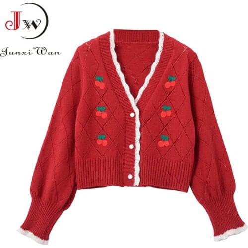 Cherry Embroidered Cardigans Women Spring Autumn Retro Elegant Sweet Puff Sleeve Sweater Short Knitted Tops