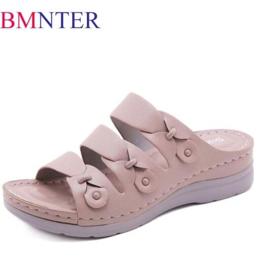 BMNTER 2021 Summer Womens Slippers Classic Retro Soft Leather Slope With Mom Sandals Outdoor Walking Beach Womens Slippers