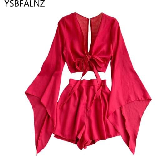New Summer Sexy 2 Piece Outfits For Women Flare Sleeve Crop Top + Broad-legged Shorts Fashion Ladies Sexy Solid Chiffon Suit Set