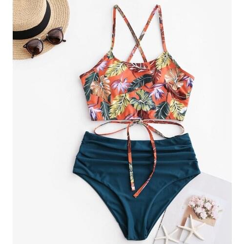 ZAFUL Leaf Print Lace-up Ruched Tankini Swimsuit Criss-Cross Spaghetti Straps High Waisted Sexy Swimwear Women Bathing Suit 2020