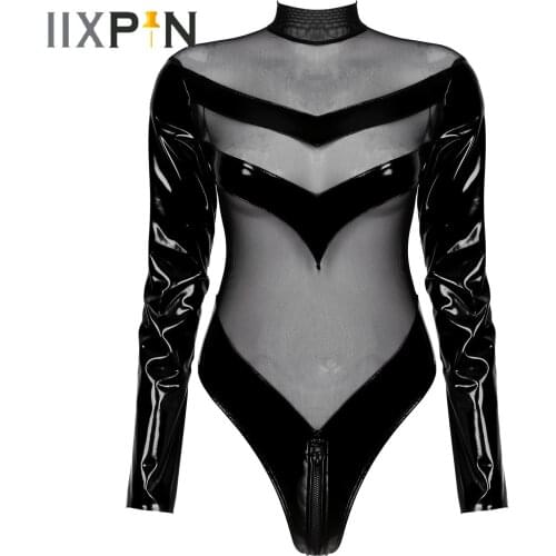 Womens Sexy Lingerie See-through Bodysuit Patent Leather Mesh Patchwork Leotard Rave Clubwear Zipper Back Mock Neck Catsuit