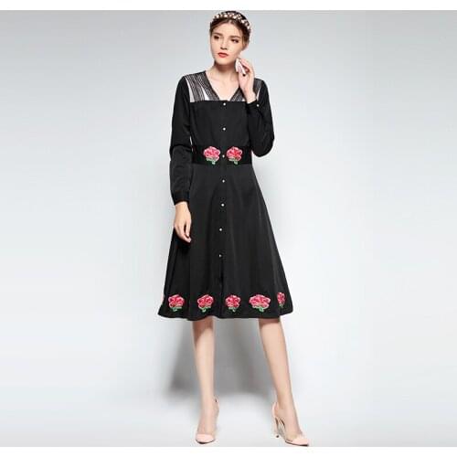 2021Autumn New Arrival Fashion A-Line Solid V-Neck Full Sleeve Embroidery Sequined Elegant Knee-Length Dress Women