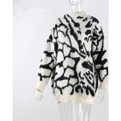 NEWDISCVRY 2020 Turtleneck Loose Sweater Dress Women Zebra Knitted Long Sleeve Autumn Winter Oversized Jumper Casual Pullover