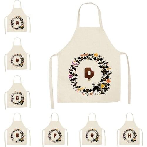 26 English Letter Alphabet Pattern Kitchen Apron For Woman Sleeveless Cotton Linen Aprons Cooking Home Cleaning Tools Halloween