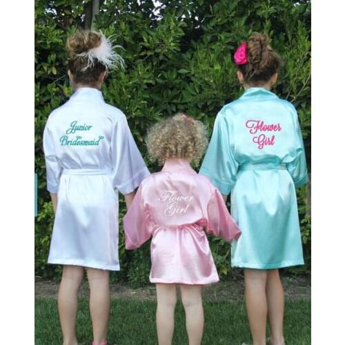 Personalized Flower Girl printed wedding Bachelorette Bridesmaid bride satin pajamas robes kimonos gifts party decorations