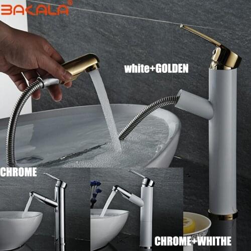 BAKALA Bathroom Faucets Luxury Pull Out White Sink Faucet Brass Swivel Spray Kitchen Tap Single Hole Water Tap torneira cozinh