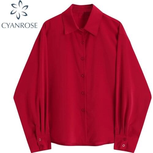 Red Blouses Spring Party Women Fashion Shirt Tops Single Breasted Vintage Lantern Long Sleeve Blusas Cardigan Lapel Loose Female