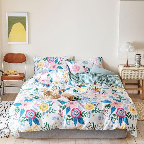 Cotton Duvet Cover Set with Pillowcase Beautiful Floral Grid AB-Side Women Girls Bedclothes for Quilt Comforter Twin Queen Size