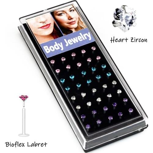 -Lot 40 Pieces Bioflex Labret Monroe Stud Lip Rings With 3mm Heart Zircon Gem 16g Tragus Piercing 4 Colors Mixed