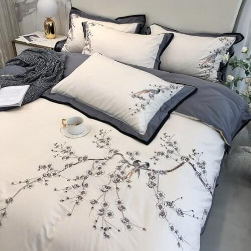 White Flower Bird Embroidered Bedding Set 100S Egyptian Cotton Silky Soft Double Size Bed Sheet Pillowcase Duvet Cover 4Pcs