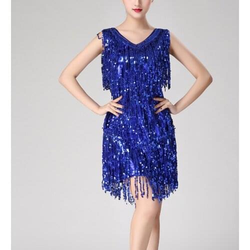Stage Performance Costume Sexy Shiny Double V-Neck Sleeveless Sequin Tassel Latin Jazz Cha-cha Ballroom Dance Dress Vestido