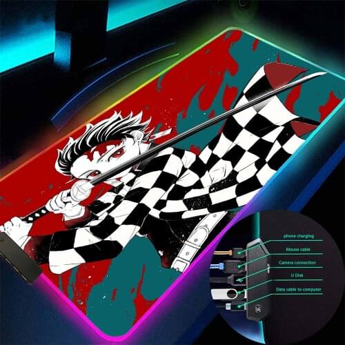 Brand New Demon Killer RGB Mouse Pad with 4 USB Hub Ports Office Gaming Accessories Desk Pad LED Backlit Laptop Mouse Pad Rubber