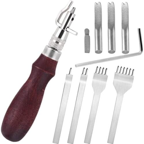 LMDZ 7 in 1 Adjustable Leather Groover Tool with 1/2/4/6 Prong Lacing Stitching Chisel Set for Leathercraft Work Accessories