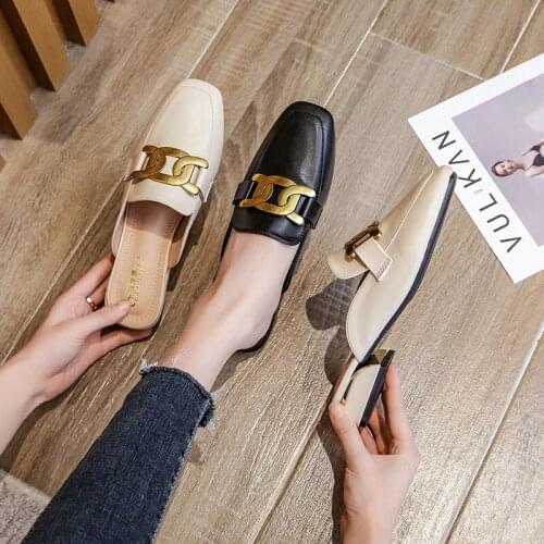 Low Heels Mules Women Shoes Metal Decoration Slippers Big Sized Square Toe Slides Casual Slip on Sandals Shallow Leather Loafers