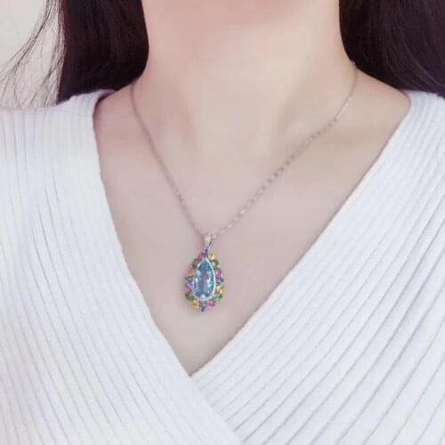 KOFSAC Exquisite Crystal Colorful Water Drop Pendant Jewelry 925 Sterling Silver Necklaces For Women Birthday Accessories Gifts