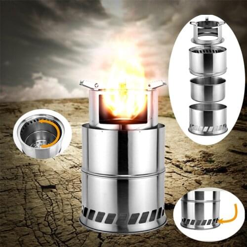 Outdoor Detachable Folding Wood Stove Stainless Steel Firing Heating Stove Camping Water Cooking Wood Gas Stove