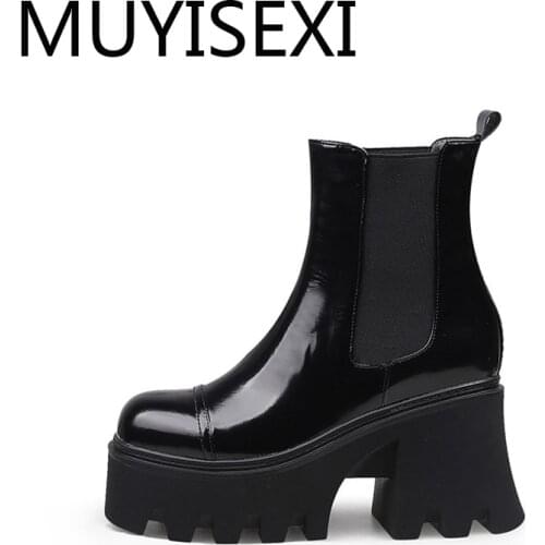 European style real leather thick bottom platform round toe 8.5cm high square heels slip on handsome noble boots HL281 MUYISEXI