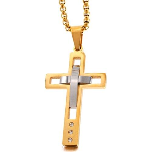 Anniversary Father Jewelry Two Tone Gold Color Cross Mens' Pendant & Necklace Punk Stainless Steel Crystal Stone Crucifix P749