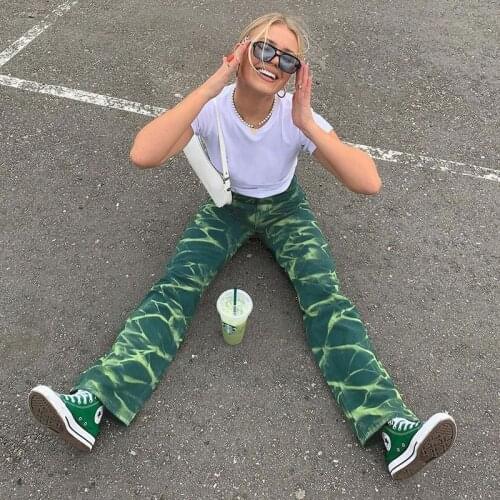 Green Tie Dye Printed Jeans Pants Hip Hip Denim Long Trousers 90s Vintage Women Summer High Waist Capris Harajuku Streetwear