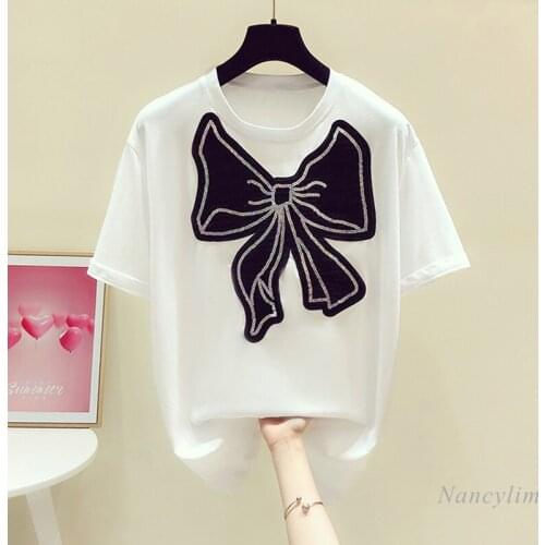 Sequins Bow White T Shirts Women 2021 Summer New Korean Style Round Neck Short Sleeve T-shirt Female Casual Loose Top