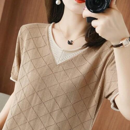 Summer Cotton Women T-Shirt Hollow Out Patchwork Thin Knitted Top Casual Soft Elegant Basic Loose Short Sleeve Pullover Feme Tee