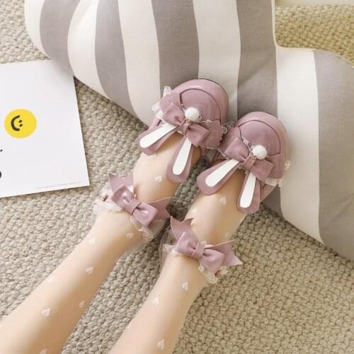 US4-11 Womens Lolita Round Toe Rabbit Bunny Ear Bowknot Kawaii Cosplay Shoes Sandals Mid Heel Plus Size 34-45 MaryJanes New 2021