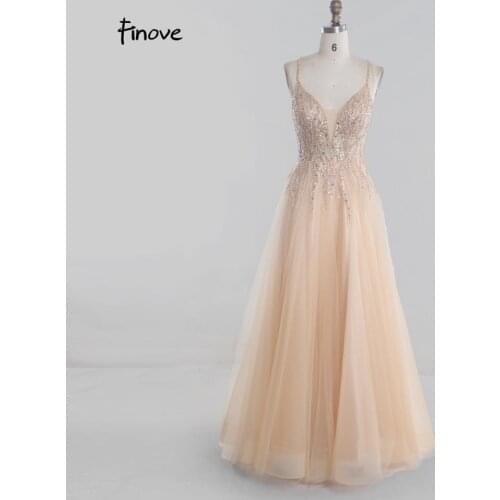 Finove New Evening Dresses Long 2020 Sexy V-neck Sleeveless Beading Illusion Formal Prom Party Gowns Plus Sizes Vestidos De Gala