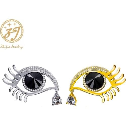 Zhijia creative golden silver rhinestone zircon human eyes design pins brooches for women men party jewelry gifts