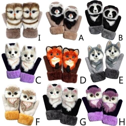 Women Men Winter Knitted Gloves Cute 3D Fluffy Cartoon Animal Thermal Mittens