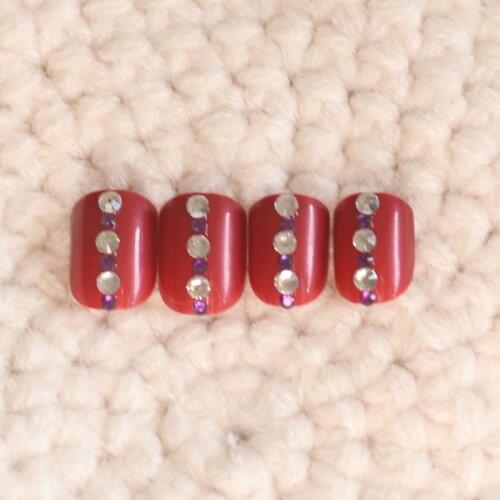 24 Hot Sale Fashion Candy Color Crystal Diamond Nail Finishes Fake Nails Short dark red N089-1